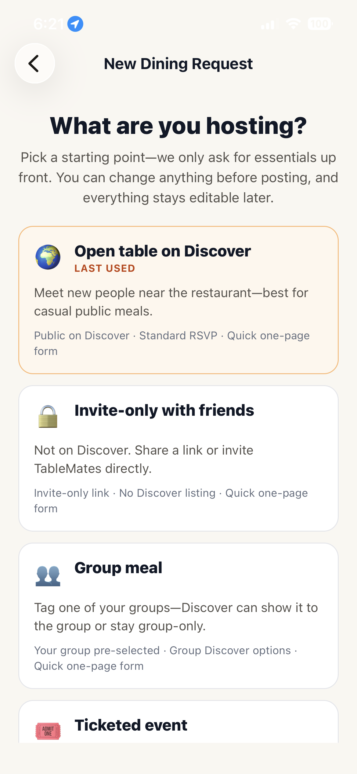 TableMesh host flow for ticketed food events