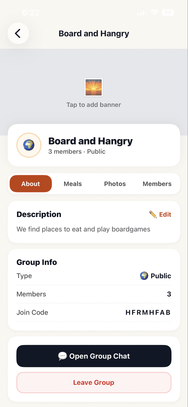 TableMesh Groups screen